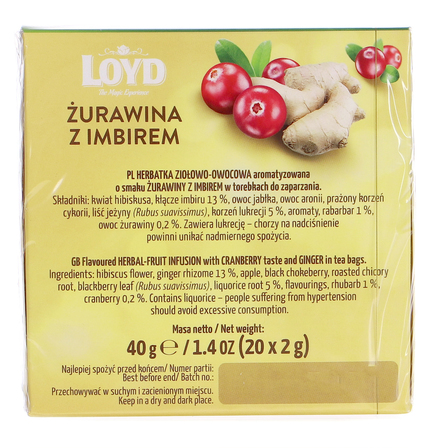Loyd Herbatka ziołowo-owocowa aromatyzowana o smaku żurawiny z imbirem 40 g (20 x 2 g) (5)