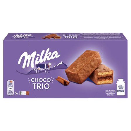 Milka Choco Trio Ciastko biszkoptowe z nadzieniem kakaowym oblane czekoladą mleczną 150 g (5 sztuk) (1)