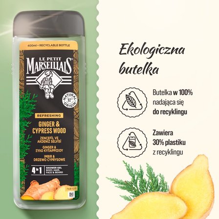 Le Petit Marseillais Żel pod prysznic dla mężczyzn imbir & drzewo cyprysowe 400 ml (4)