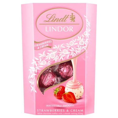 Lindt Lindor Pralinki z białej czekolady z kawałkami truskawek 200 g (1)