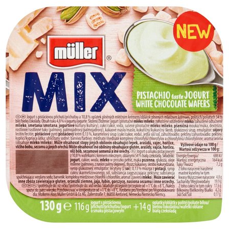 Müller Mix Jogurt o smaku pistacjowym z wafelkami z kremem mlecznym oblanymi białą czekoladą 130 g (1)