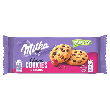 Milka Pieguski Choco Cookie Raisins Ciasteczka z kawałkami czekolady mlecznej i rodzynkami 135 g (1)