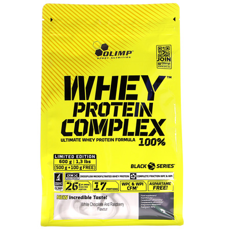 OLIMP WHEY PROTEIN COMPLEX BIAŁA CZEKOLADA I MALINA 600G (1)