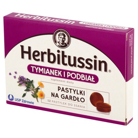 Herbitussin Tymianek i podbiał Pastylki na gardło Suplement diety 12 pastylek (2)