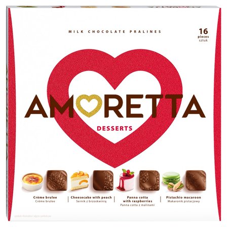 Amoretta Desserts Praliny w czekoladzie mlecznej w czterech smakach deserów 106 g (16 sztuk) (1)