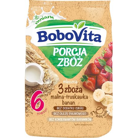 BoboVita Porcja zbóż Kaszka mleczna 3 zboża malina-truskawka-banan po 6 miesiącu 210 g (1)