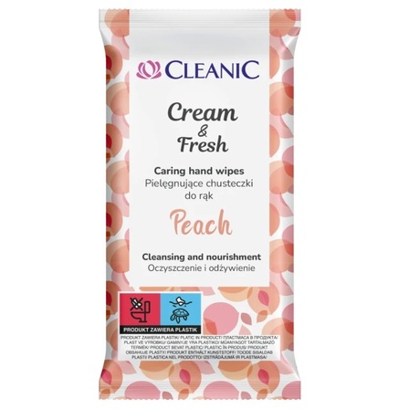 CLEANIC Pielęgnujące Chusteczki do rąk Cream & Fresh - Peach -15szt (1)