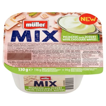 Müller Mix Jogurt o smaku pistacjowym z wafelkami z kremem mlecznym oblanymi białą czekoladą 130 g (2)