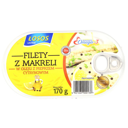 ŁOSOŚ USTKA FILETY Z MAKRELI W OLEJU Z PIEPRZEM CYTRYNOWYM 170G (1)