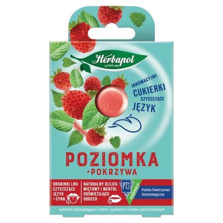 Herbapol Cukierki odświeżające z lnem i cynkiem poziomka pokrzywa 20 g (8 sztuk) (1)