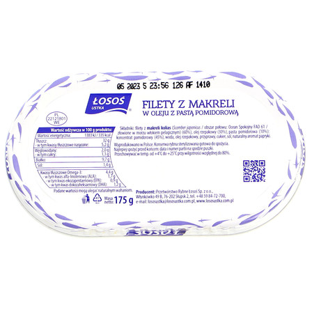 ŁOSOŚ USTKA FILETY Z MAKRELI W OLEJU Z PASTĄ POMIDOROWĄ 175G (2)