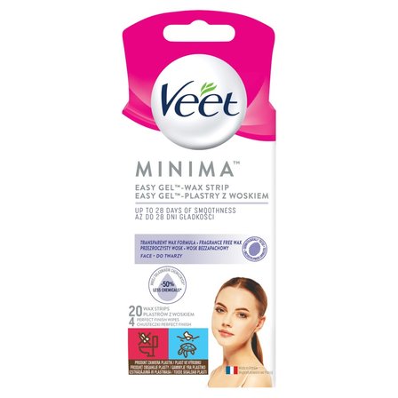 Veet Minima Easy-Gel Plastry z woskiem do twarzy 20 sztuk i 4 chusteczki (1)