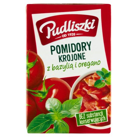 Pudliszki Pomidory krojone z bazylią i oregano 390 g (1)