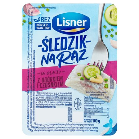 Lisner Śledzik na raz w oleju z ogórkiem i czosnkiem 100 g (1)