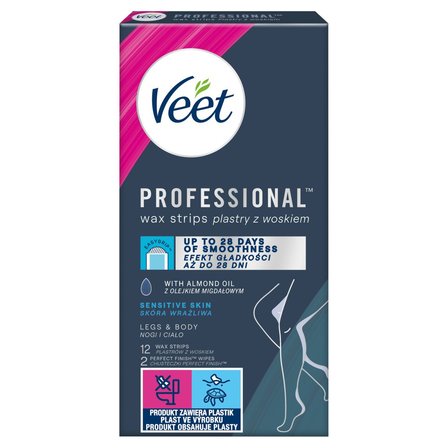 Veet Professional Plastry z woskiem skóra wrażliwa 12 sztuk i 2 chusteczki (1)