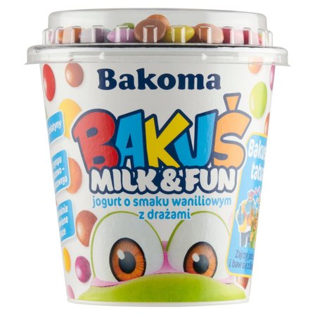 Bakoma Bakuś Milk & Fun Jogurt o smaku waniliowym z drażami 135 g (1)