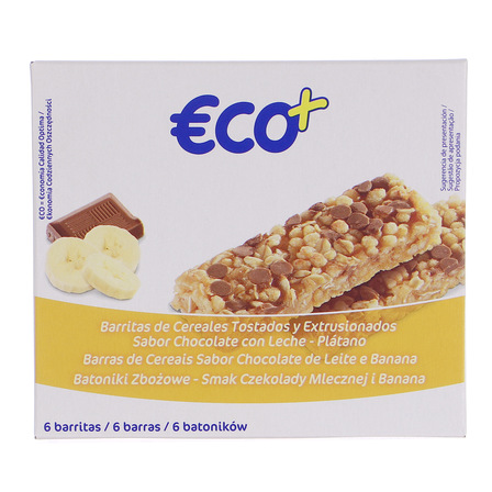 ECO+ Batoniki zbożowe z kawałkami czekolady mleczej i chipsami bananowymi 6 sztuk 126g (1)