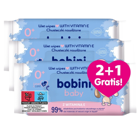 Bobini Baby chusteczki nawilżane z witaminą E dla dzieci i niemowląt 3 x 60sztuk (1)