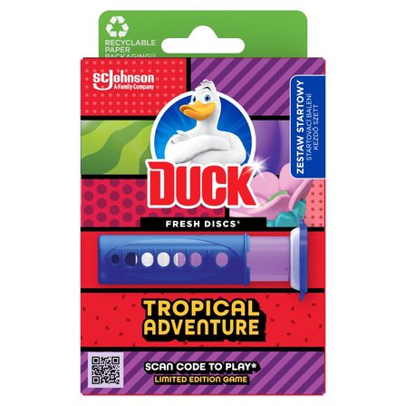 DUCK TROPICAL ADVENTURE ZESTAW STARTOWY KRĄŻKI ŻELOWE DO WC + UCHWYT 36ML (1)