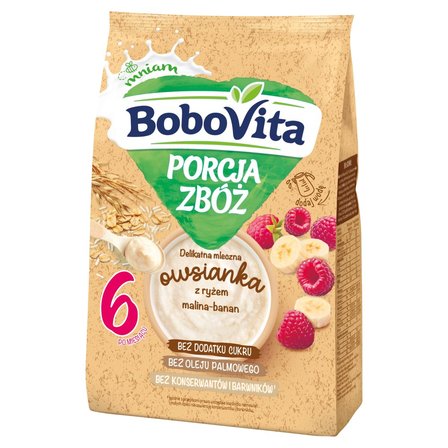 BoboVita Porcja zbóż Delikatna mleczna owsianka z ryżem malina-banan po 6 miesiącu 210 g (2)