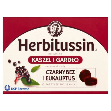 Herbitussin Czarny bez i eukaliptus Pastylki na kaszel i gardło Suplement diety 12 pastylek (1)