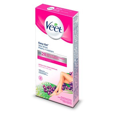 Veet Easy-Gel Plastry z woskiem skóra normalna 12 sztuk i 2 chusteczki (1)