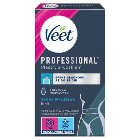 Veet Professional Plastry z woskiem skóra wrażliwa 16 sztuk i 3 chusteczki (1)