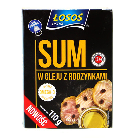 ŁOSOS USTKA SUM W OLEJU Z RODZYNKAMI 110G (1)