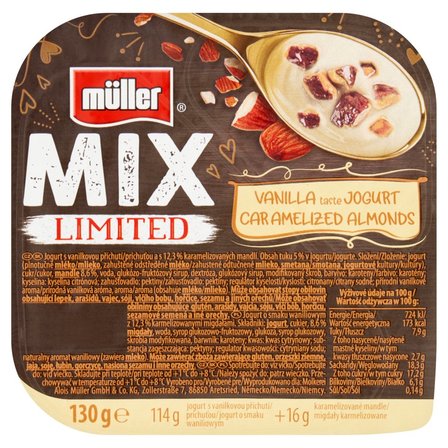 Müller Mix Limited Jogurt o smaku waniliowym z karmelizowanymi migdałami 130 g (1)