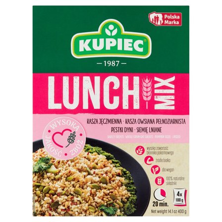 Kupiec Lunch Mix kasza jęczmienna kasza owsiana pestki dyni siemię lniane 400 g (4 x 100 g) (1)