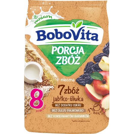 BoboVita Porcja zbóż Kaszka mleczna 7 zbóż jabłko-śliwka po 8 miesiącu 210 g (1)