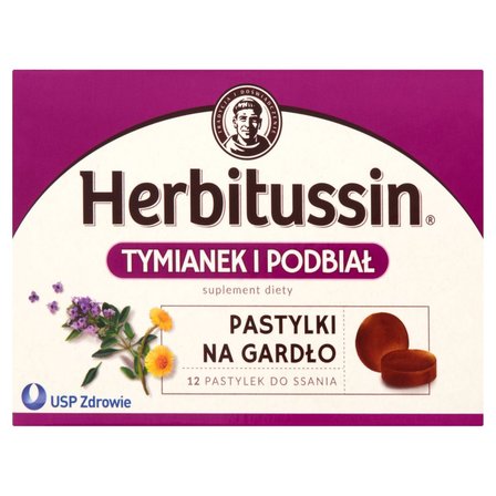 Herbitussin Tymianek i podbiał Pastylki na gardło Suplement diety 12 pastylek (1)