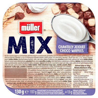 Müller Mix Jogurt o smaku śmietankowym z wafelkami w czekoladzie mlecznej i białej 130 g (1)