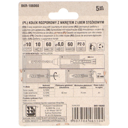 KLIMAS KOŁKI ROZPOROWE Z ŁBEM STOŻKOWYM 6X60/10 (2)