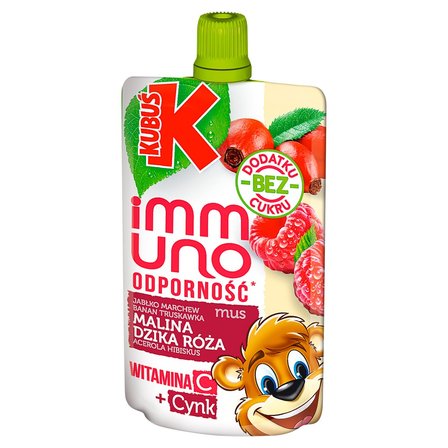 Kubuś Immuno Odporność Mus jabłko marchew banan truskawka malina dzika róża acerola hibiskus 100 g (1)