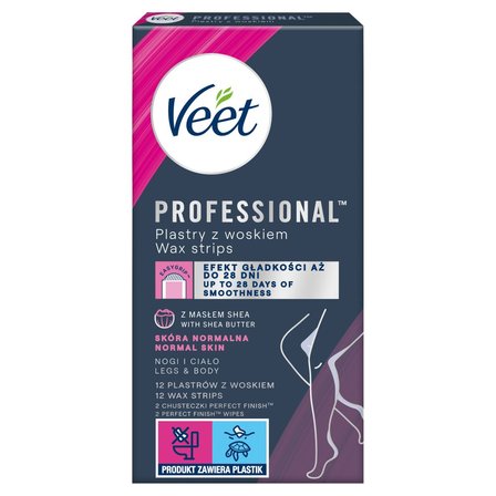 Veet Professional Plastry z woskiem skóra normalna 12 sztuk i 2 chusteczki (1)