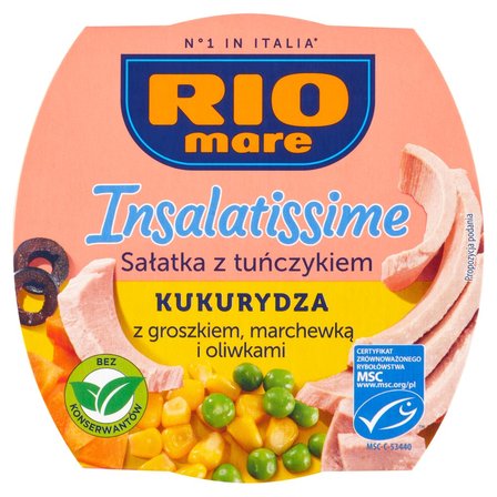 Rio Mare Insalatissime Sałatka z tuńczykiem kukurydza z groszkiem marchewką i oliwkami 160 g (1)