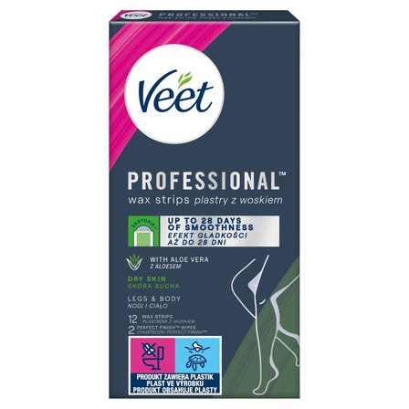 Veet Professional Plastry z woskiem skóra sucha 12 sztuk i 2 chusteczki (1)