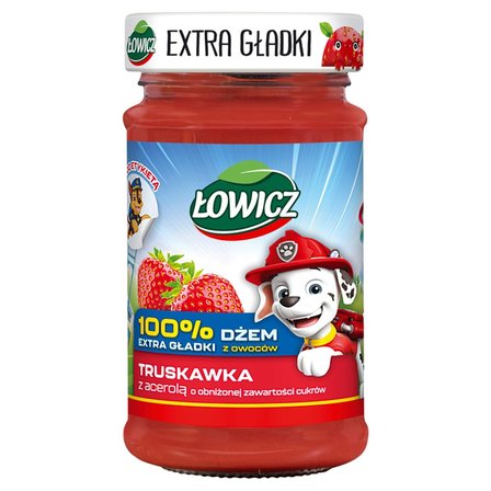 Łowicz Dżem 100 % z owoców extra gładki truskawka z acerolą o obniżonej zawartości cukrów 225 g (1)