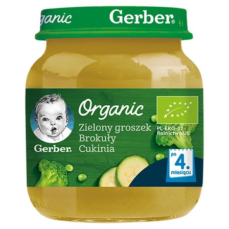 Gerber Organic Zielony groszek brokuły cukinia dla niemowląt po 4. miesiącu 125 g (1)