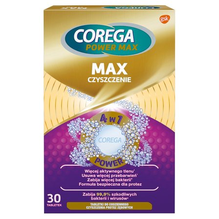 Corega Power Max Tabletki do codziennego czyszczenia protez zębowych max czyszczenie 30 sztuk (1)