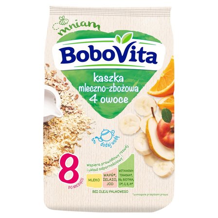 BoboVita Kaszka mleczno-zbożowa 4 owoce po 8 miesiącu 230 g (1)
