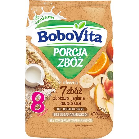 BoboVita Porcja zbóż Kaszka mleczna 7 zbóż zbożowo-jaglana owocowa po 8 miesiącu 210 g (1)