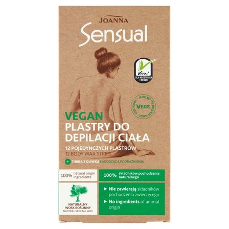 Joanna Sensual Vegan Plastry do depilacji ciała 12 sztuk i Tubka z oliwką łagodzącą 10 ml (1)