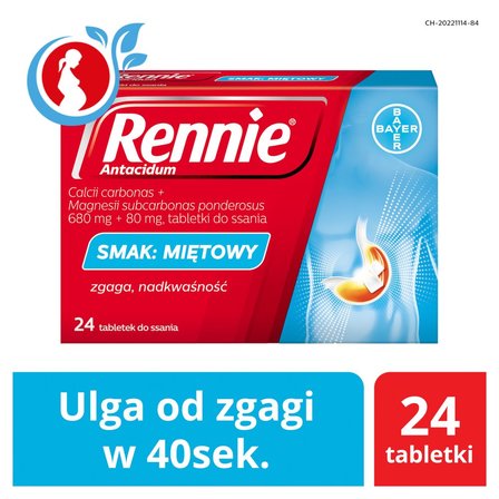 Rennie Antacidum 680 mg + 80 mg Tabletki do ssania smak miętowy 24 sztuki (10)