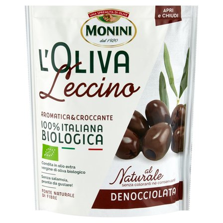 Monini L'Oliva Leccino Naturalne oliwki czarne drylowane BIO  150 g (1)